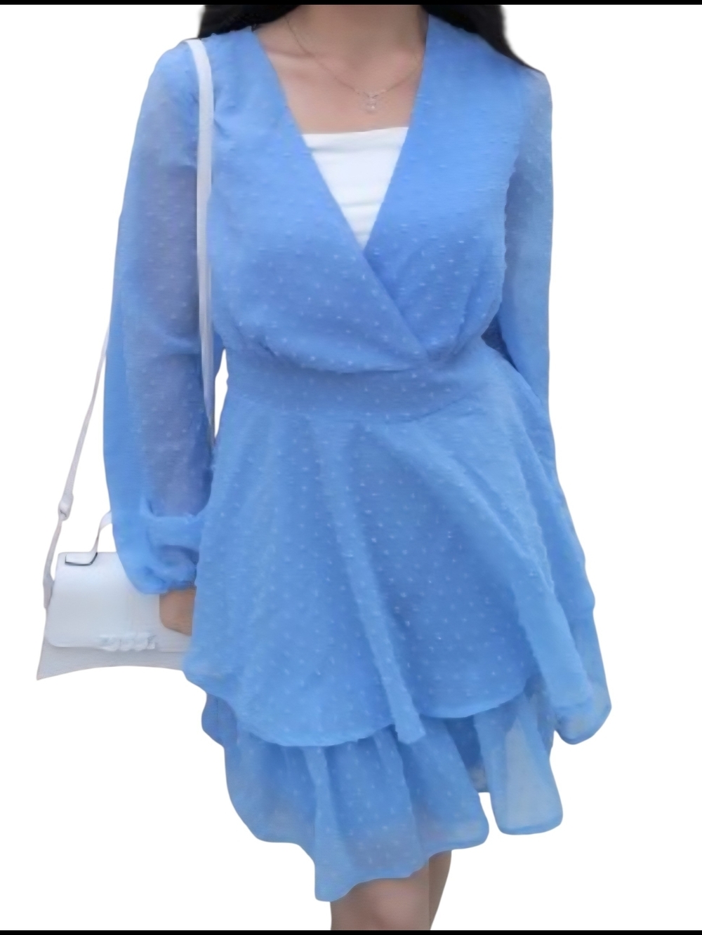 Jessica Simpson Light Blue Wrap back Tiered Long-Sleeve Dress - Picture 8 of 9